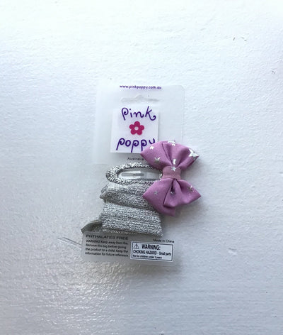 Pink Poppy - Glitter Hair Clip/Hair Tie with Bow - (2356) - Purple/Silver