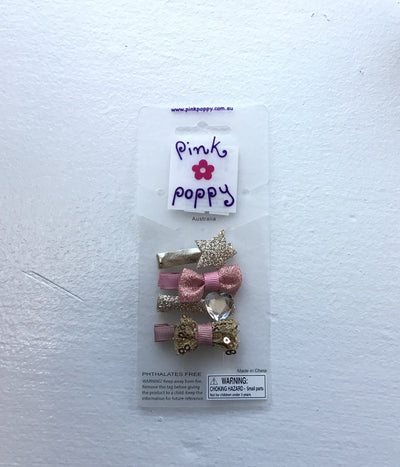 Pink Poppy - Bow/Heart/Star Sparkle Hair Clips - (HCT313) - Pink/Gold