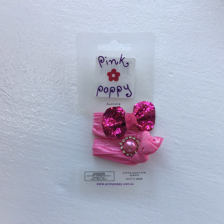 Pink Poppy - Bow and Pearl Tie Scrunchies - (SBT099) - Hot Pink