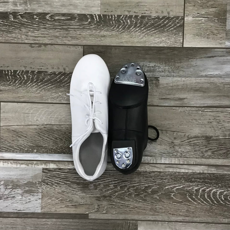 Steven’s Clogging Supplies - Caylpso Clogging Shoes - Adult (555-WITH BUCK TAPS ATTACHED) - Black/White (GSO)