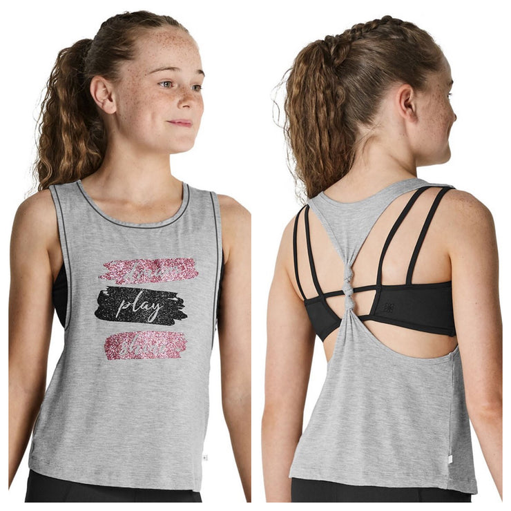 *Kaia by Bloch - "Dream Play Shine" Printed Glitter Front Knot Back Tank Top - Child (KA047T) - Gray