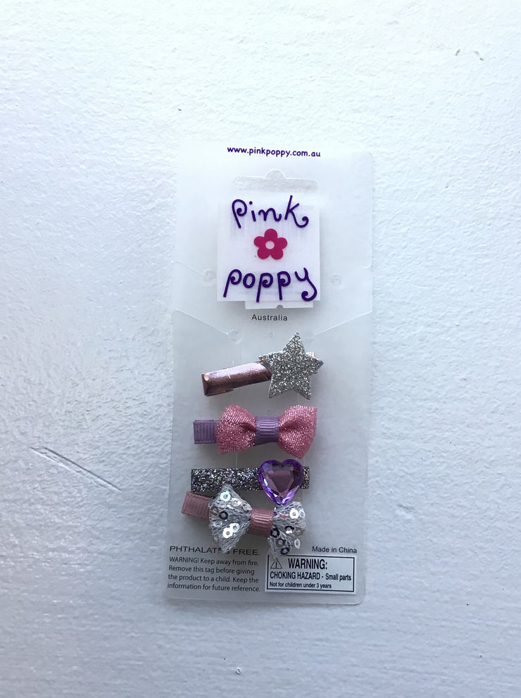 Pink Poppy - Bow/Heart/Star Sparkle Hair Clips - (HCT313) - Purple/Pink