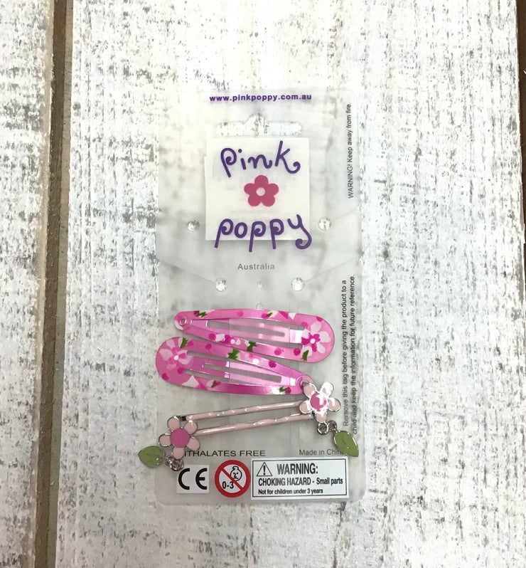 Pink Poppy - Hair Clips and Flower Charm Bobbi Pins - (2348) Hot Pink