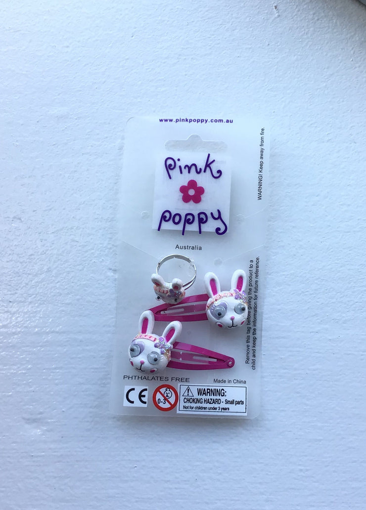 Pink Poppy - Bunny Barrettes/Mouse and Ring Set - (HDG-487) - Pink/White