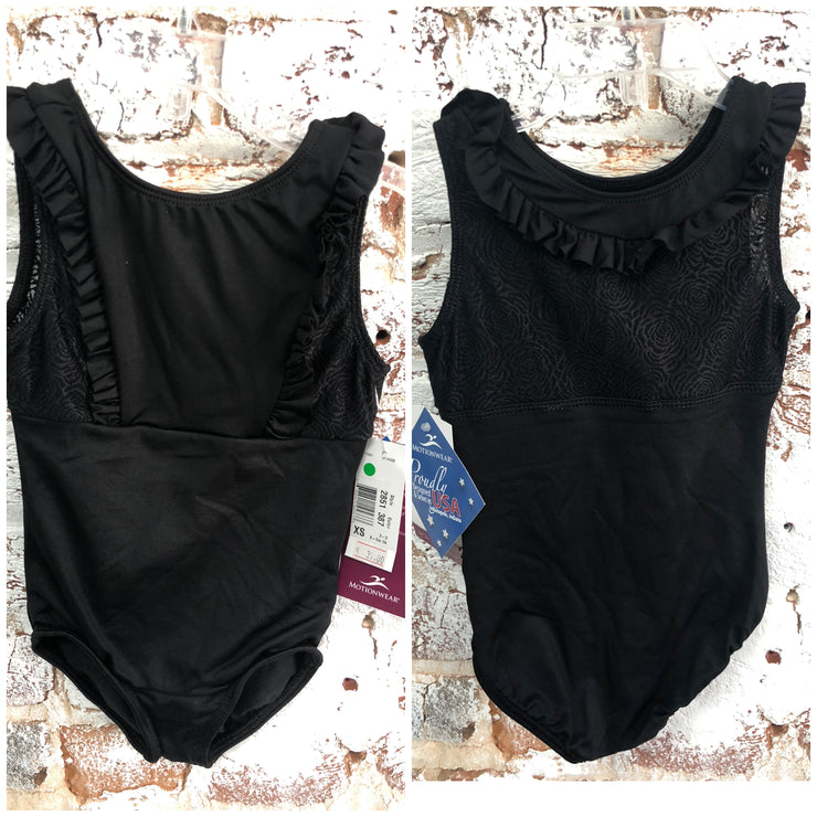 Motionwear - Ruffled Princess Seam Tank Rose Lace Leotard - Child (2851-387) - Black FINAL SALE