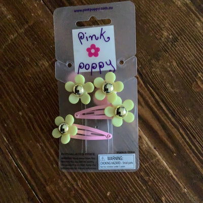 Pink Poppy - Flower Hair Ties and Barrettes - (HDG100) - Yellow/pink