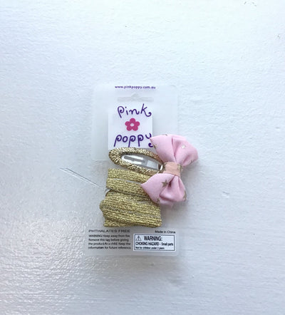 Pink Poppy - Glitter Hair Clip/Hair Tie with Bow - (2355) - Pink/Gold (GSO) /